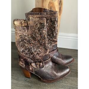 New SENDRA Metallic Studded Lug Heel Distressed Brown Leather Boots‎ Sz 6.5